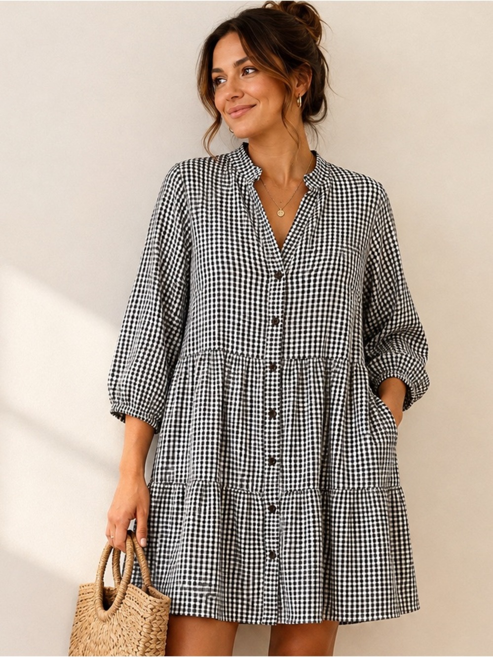 Black White Gingham Tiered Shirt Dress Size L Cottagecore Button Front